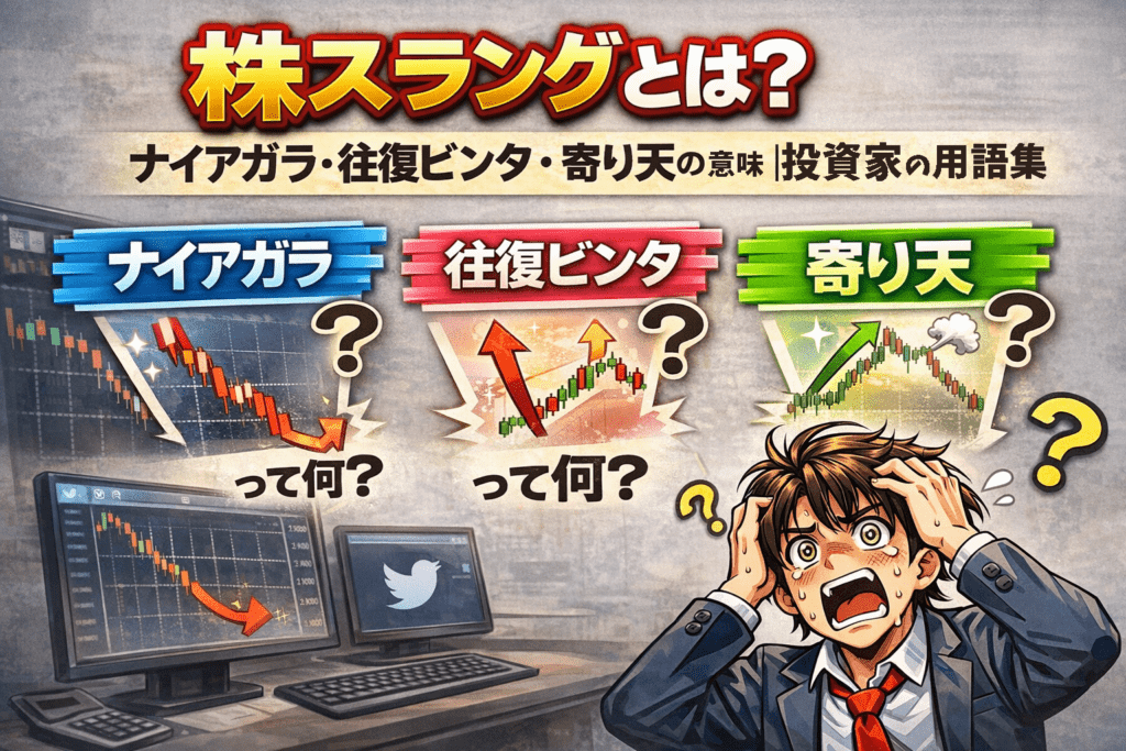 株スラングの意味を解説するアイキャッチ画像｜ナイアガラ・往復ビンタ・寄り天とは何かを疑問に思う投資初心者のイラス
