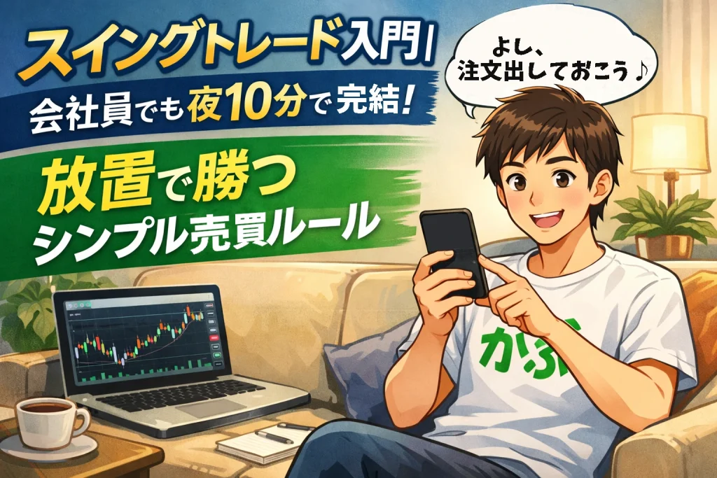 リビングのソファーでスマホを見ながら株を注文する白Tシャツ「かぶ」文字の男性イラスト｜スイングトレード入門イメージ