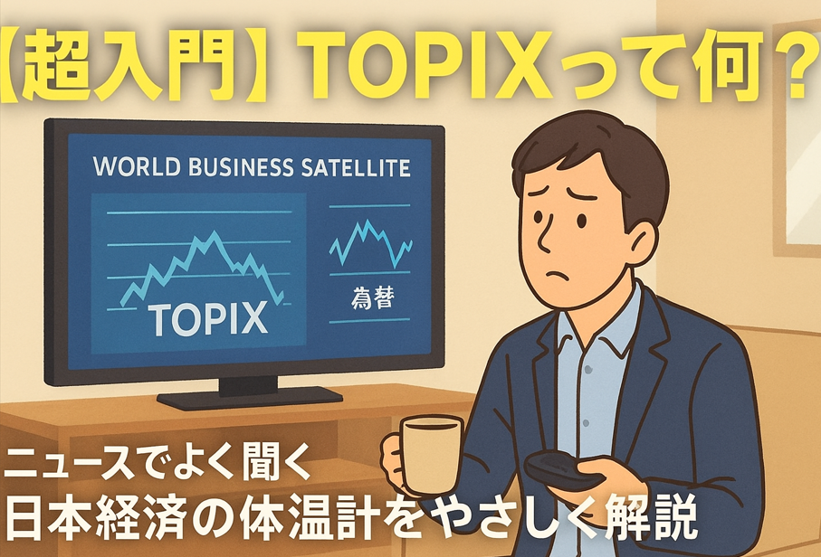 経済番組を見ている男性。画面にTOPIXの文字に意味が分からず困惑顔。