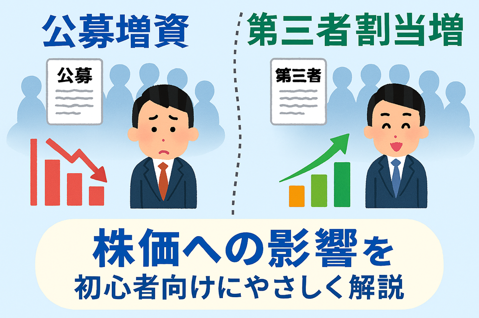 公募増資と第三者割当増資の違いを初心者向けに視覚的に解説したイラスト。