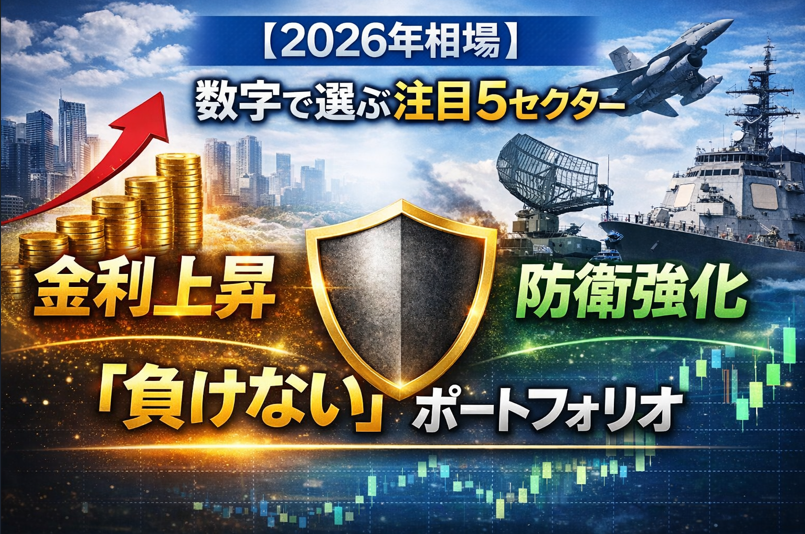2026年相場で注目される5セクターを数字で解説し、金利上昇と防衛を軸にした負けないポートフォリオを示した図解