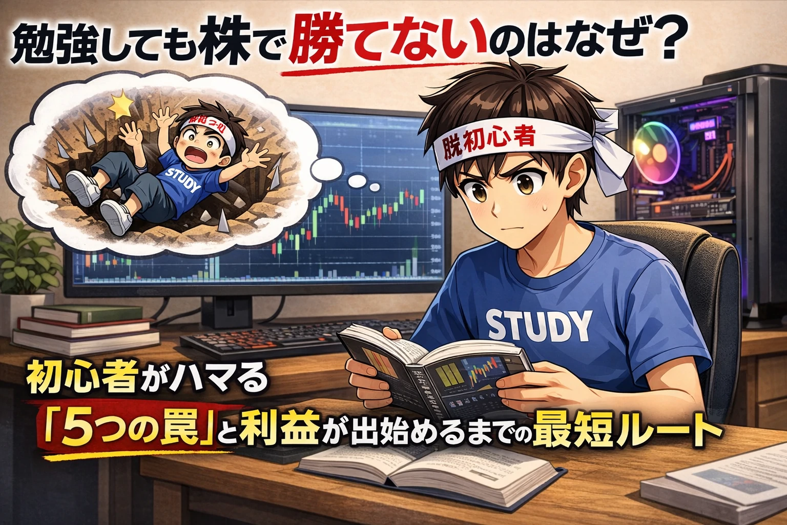 勉強しても株で勝てない理由に悩む初心者投資家が自宅で本を読みながら学び、脳内で落とし穴に落ちる自分をイメージしているイラスト