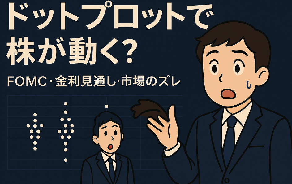FOMCのドットプロットと株価変動を解説する金融ブログ用画像