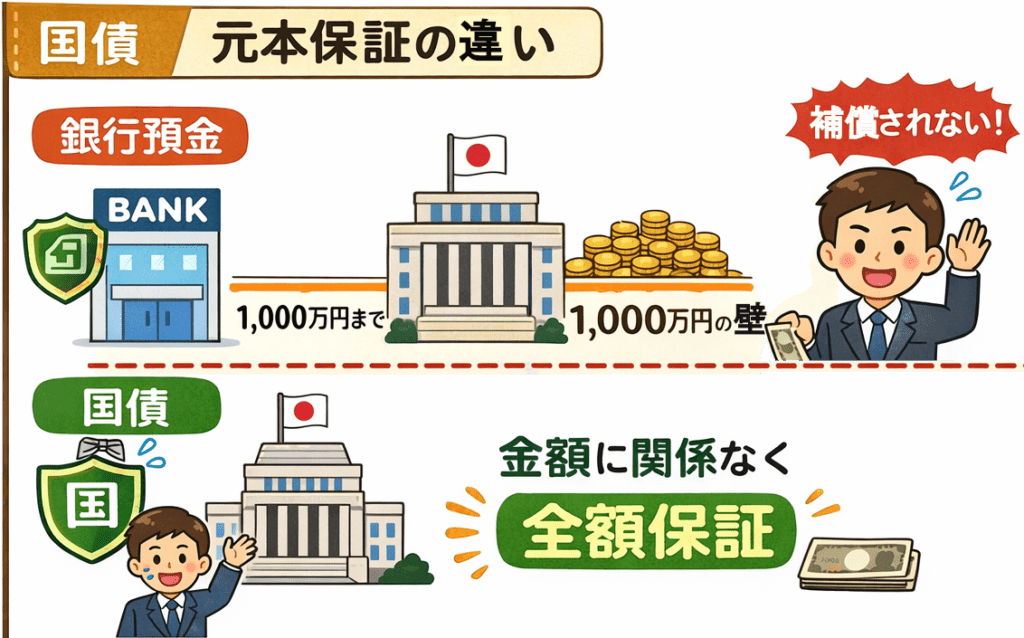 銀行預金は1,000万円まで、国債は金額の上限なく元本保証される違いを図解したイラスト