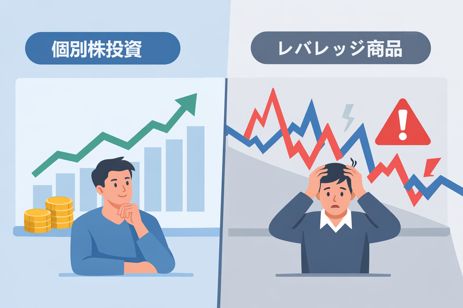 個別株投資とレバレッジ商品を比較したイラスト。左は上昇グラフを見て落ち着いた投資家、右は乱高下するグラフを前に不安そうな投資家が描かれている