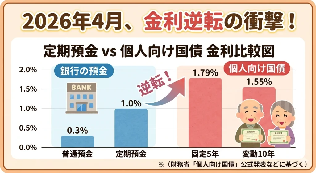 2026年4月の金利比較図。銀行の普通預金0.3％、定期預金1.0％に対し、個人向け国債は固定5年1.79％、変動10年1.55％と、国債が預金金利を大きく上回る「金利逆転」の状況を棒グラフで示しています。