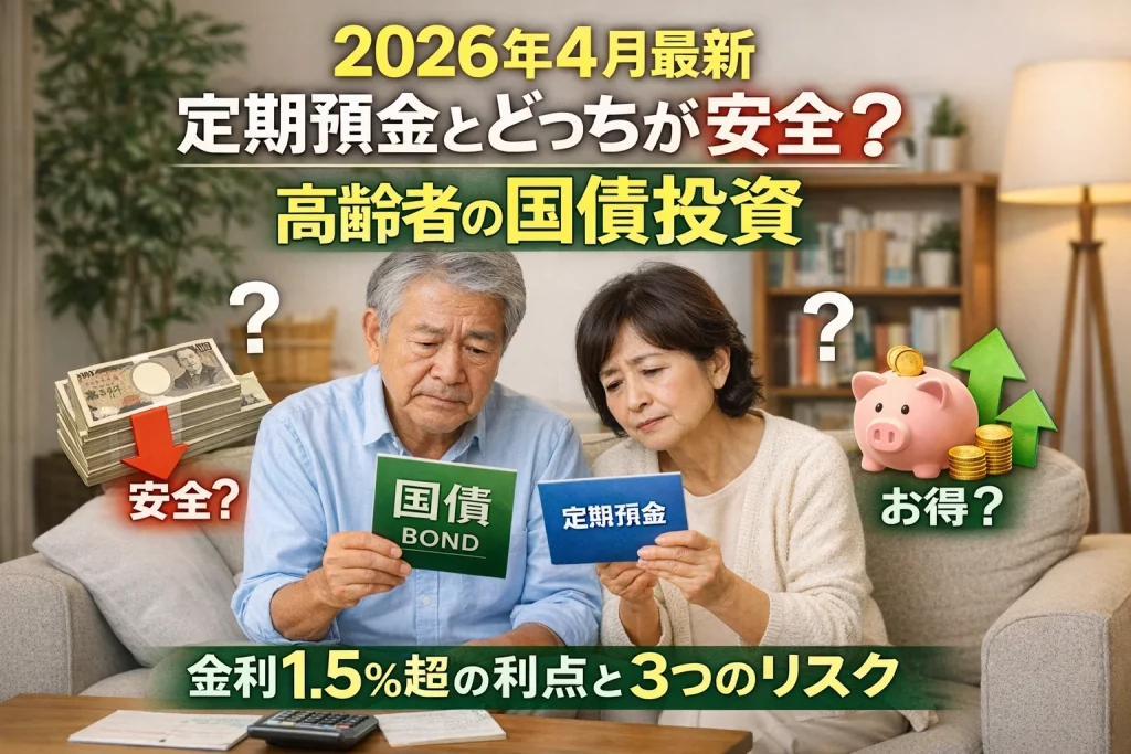 自宅リビングで退職金の運用を考え、国債と定期預金を比較して悩む高齢夫婦のイメージ
