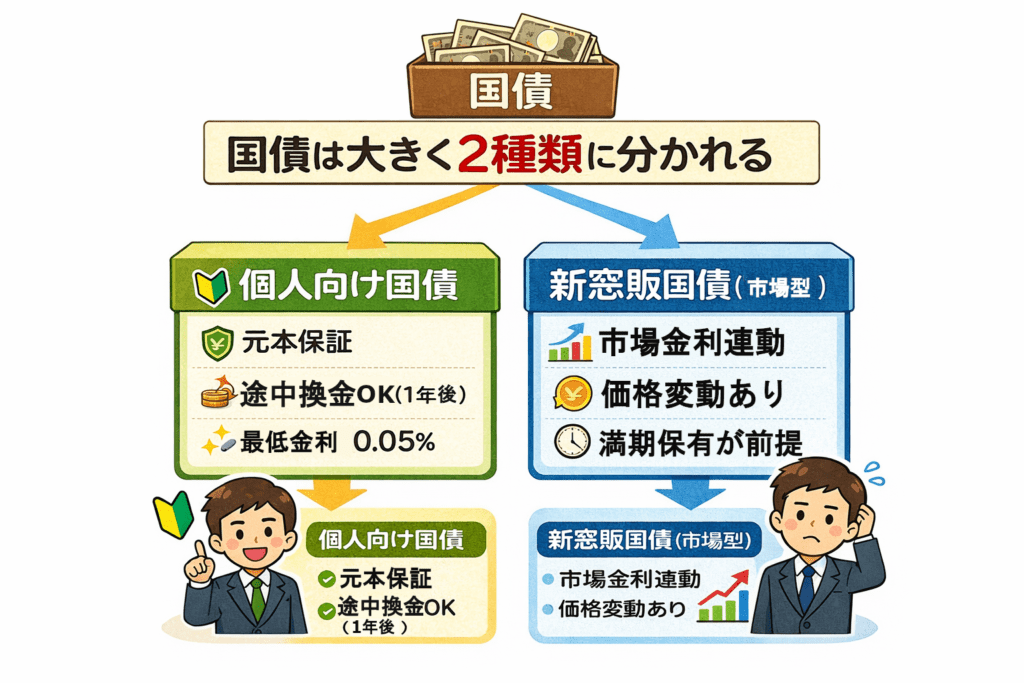 国債は大きく2種類に分かれる図解。個人向け国債は元本保証と途中換金可能、新窓販国債(市場型)は市場金利連動で価格変動があり満期保有が前提であることを比較して解説