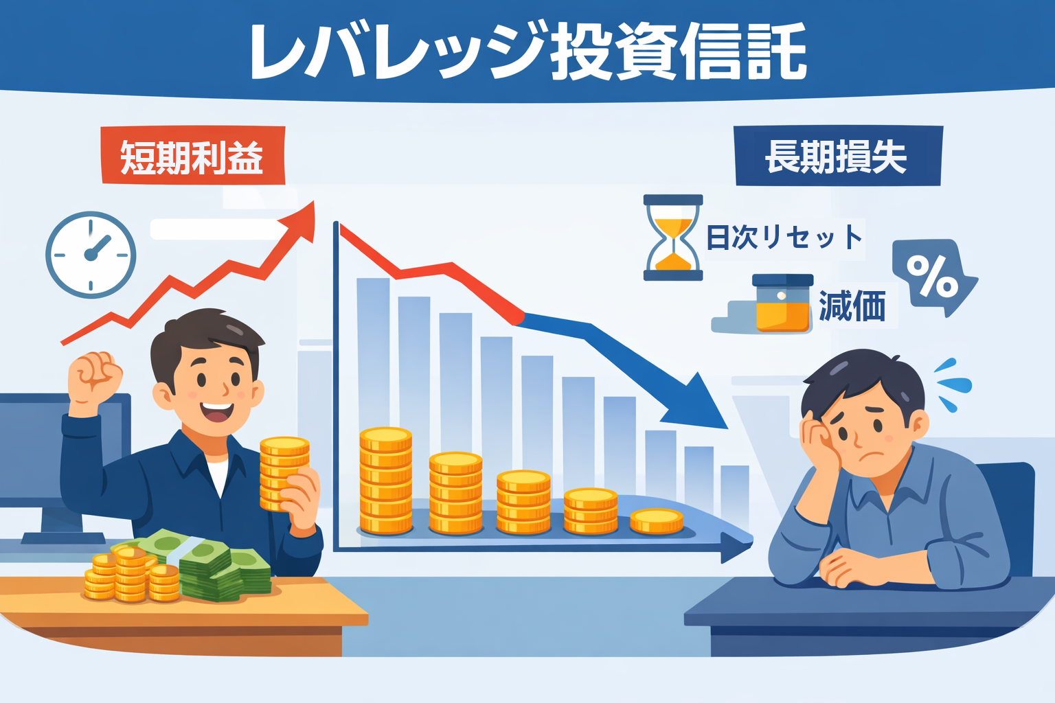 レバレッジ投資信託の短期利益と長期損失を比較したイラスト。左は短期で喜ぶ投資家、右は長期で資産が減り落ち込む投資家。