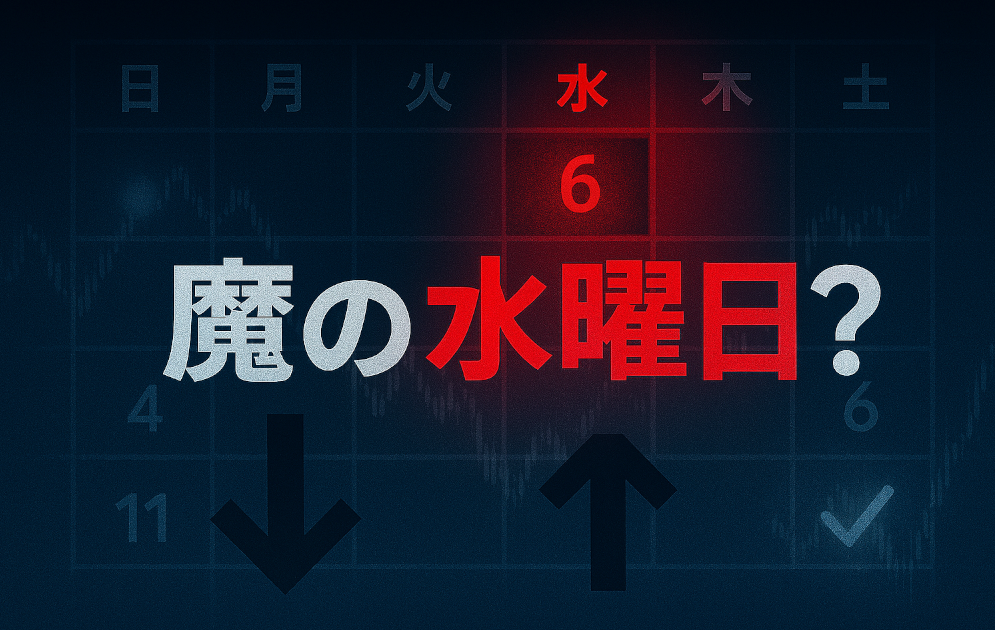日本株市場の不安定さを示すトップ画像。赤い水曜日と荒れたチャート、中央に「魔の水曜日？」の文字がある16:9構図
