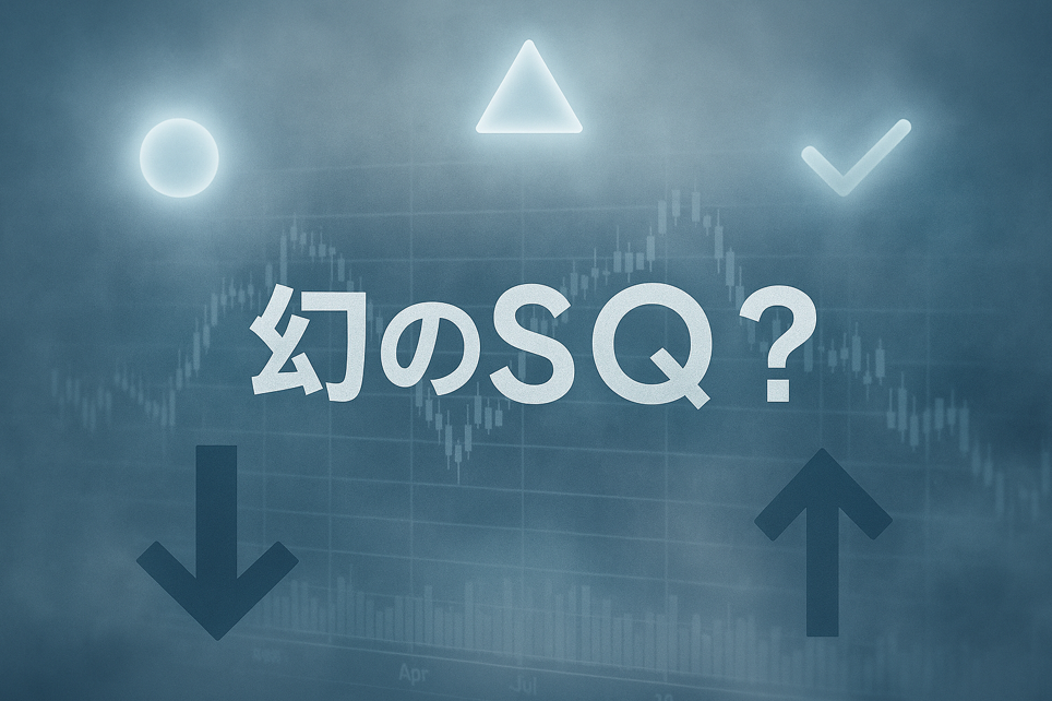 幻想的な日本株市場のトップ画像。霧の株価チャート、上下矢印、発光サインと「幻のSQ？」の文字が中央にある16:9構図