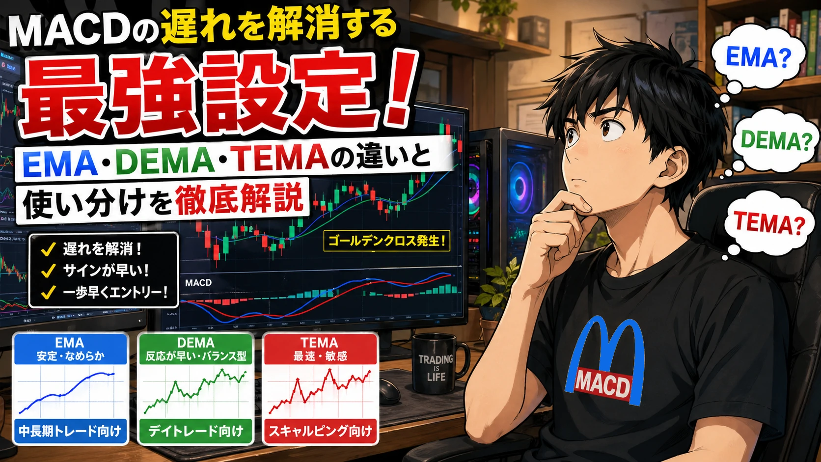 自宅のトレーディングルームでMACDのゴールデンクロスを確認しながら、EMA・DEMA・TEMAの違いと使い分けに悩む個人投資家のイラスト