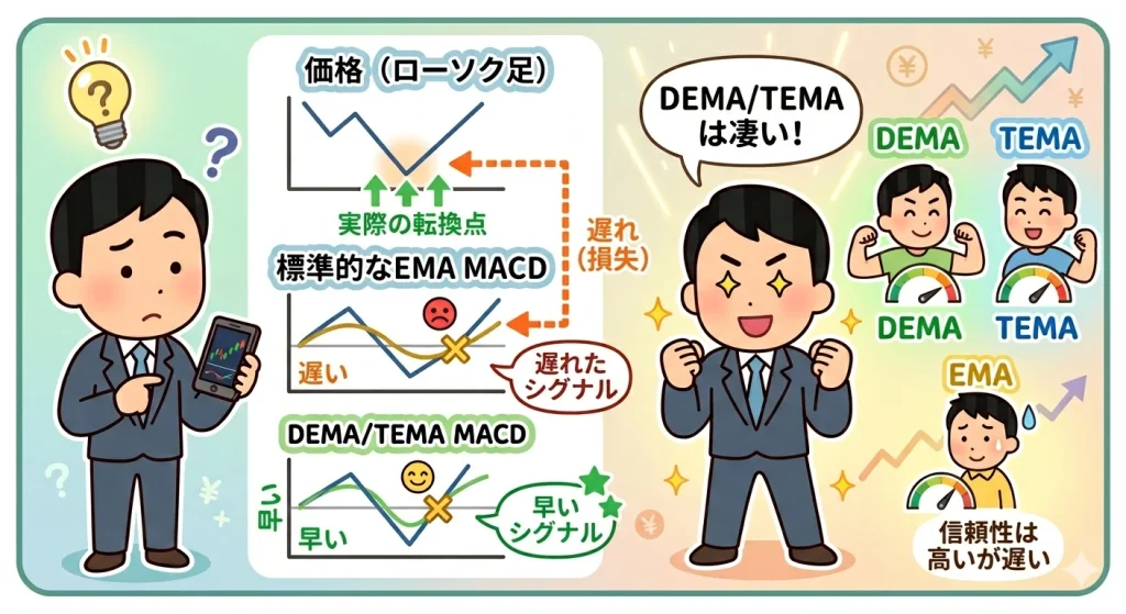 MACDのシグナル遅延比較図：標準的なEMA MACDが価格転換点で遅れる様子と、DEMAやTEMAを使用して反応速度を改善する様子を比較したイラスト