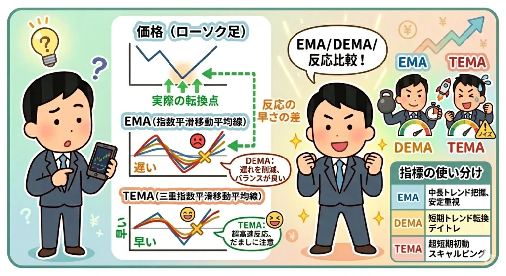 EMA・DEMA・TEMAの反応速度と特性の比較図：価格チャートに対する追従性の違いと、中長期・デイトレ・スキャルピングそれぞれのスタイルに適したインジケーターの使い分けを示した図解
