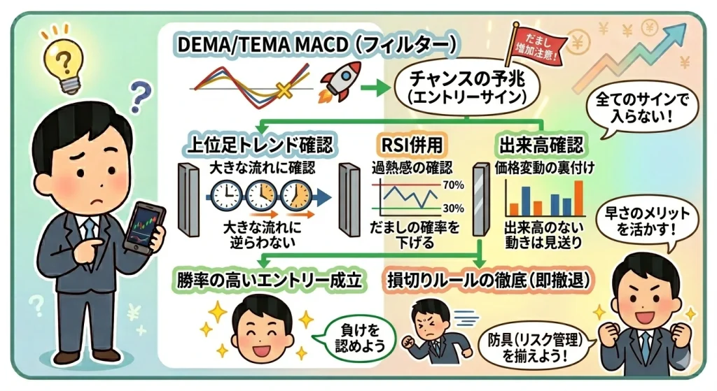 MACDのだまし対策とリスク管理：エントリー前のフィルター活用法（上位足・RSI・出来高）と損切りの重要性を示した図解