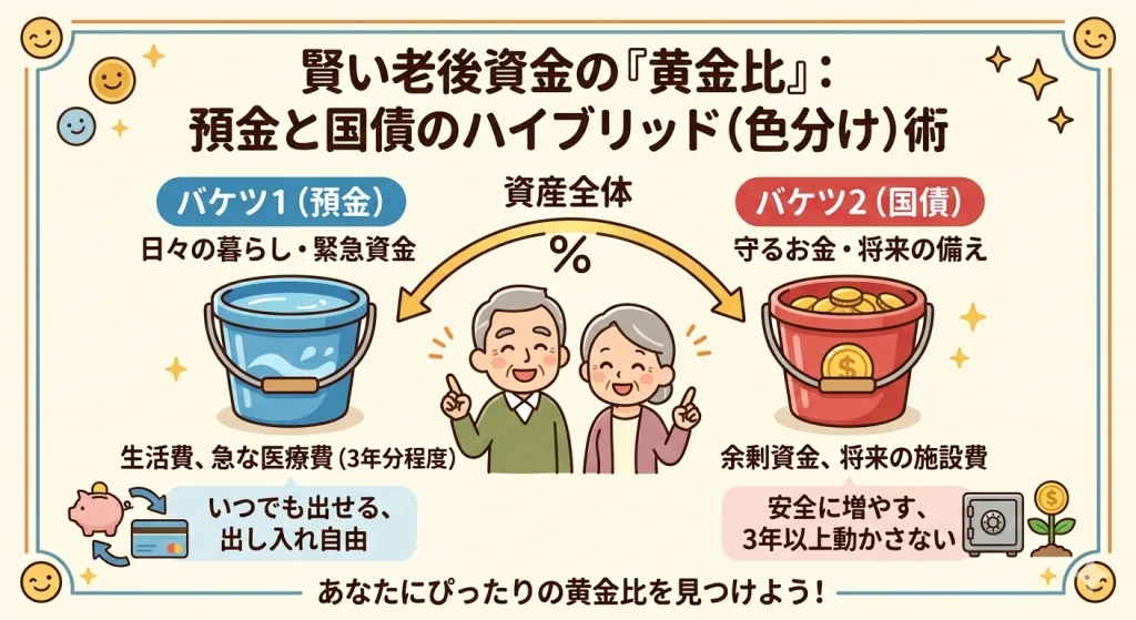 老後資金を2つの「バケツ」で色分けする運用の黄金比を解説した図。