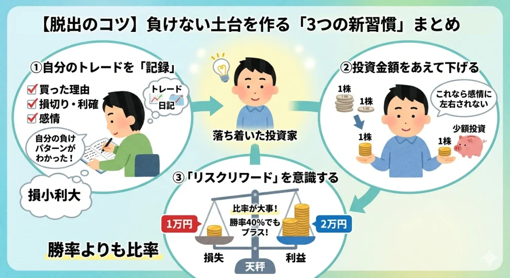 株式投資で利益を出すための「3つの新習慣」の図解。トレード日記での自己分析、少額投資によるメンタル管理、リスクリワード（損小利大）の徹底をイラストで解説。