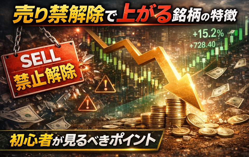 売り禁解除後に上がる銘柄の特徴を初心者向けに解説した投資イメージ画像