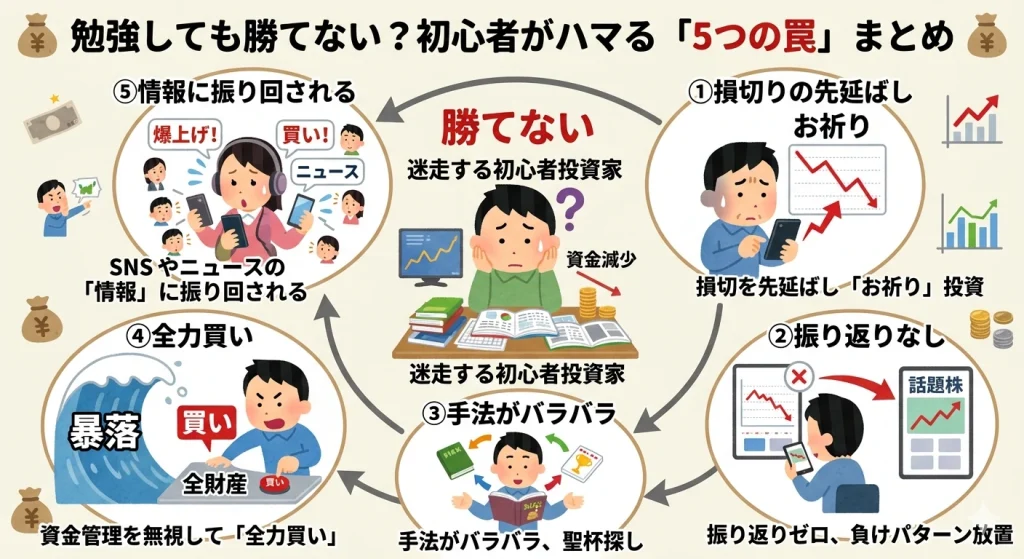 勉強しても株で勝てない初心者がハマる「5つの罠」のまとめ図解。