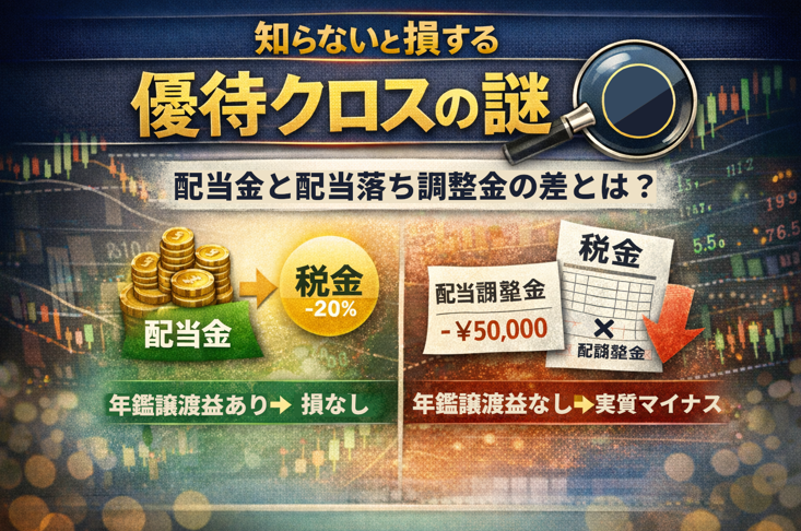 優待クロスで配当金と配当落ち調整金の扱いの違いを示すイラスト。