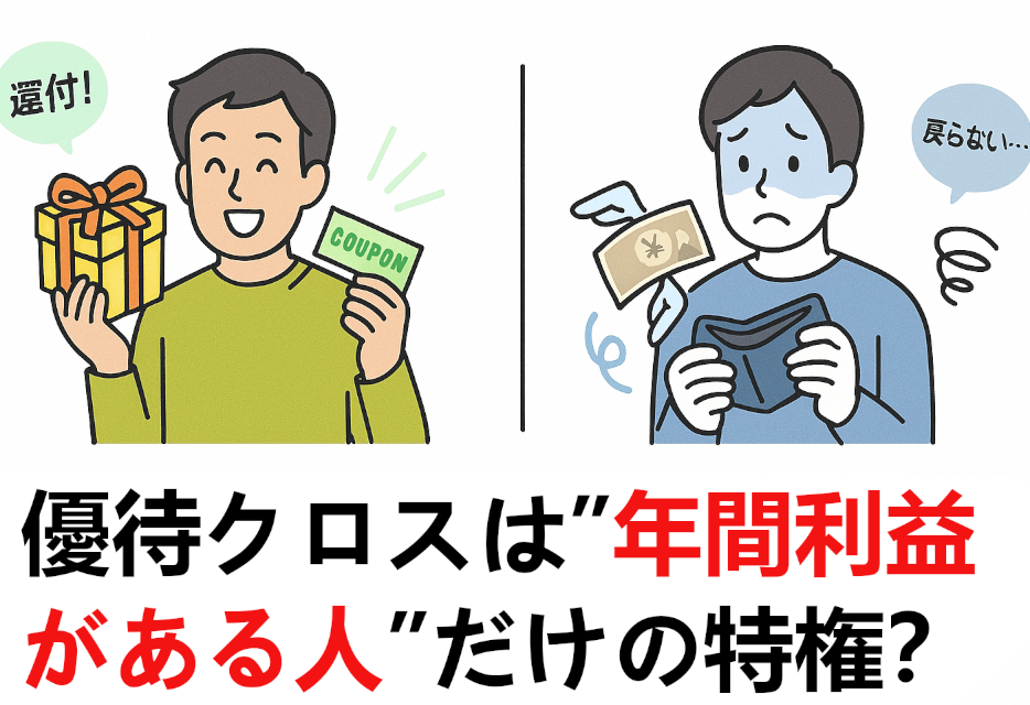 優待クロスの明暗を描いた比較イラスト。中央に「年間利益がある人だけの特権?」の日本語テキスト。