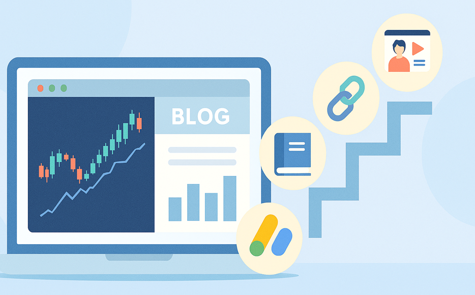 株ブログの収益ステップを示すイラスト。PC画面とAdSenseなどのアイコン。