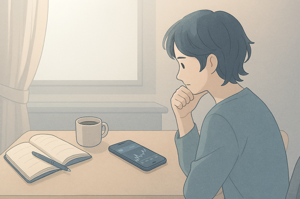 投資初心者がスマホの証券アプリを見ながら考えている室内シーン。机にはノートとコーヒー。