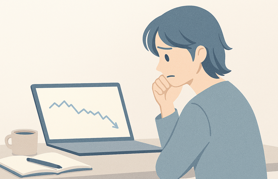 「株価チャートを見て不安そうな初心者投資家。ノートパソコンに緩やかに下がるグラフ。