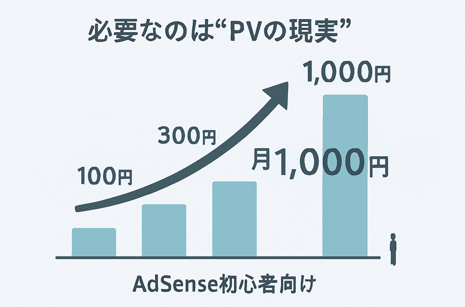 AdSense収益の段階的成長を示す棒グラフ。初心者向けの安心感あるデザイン。
