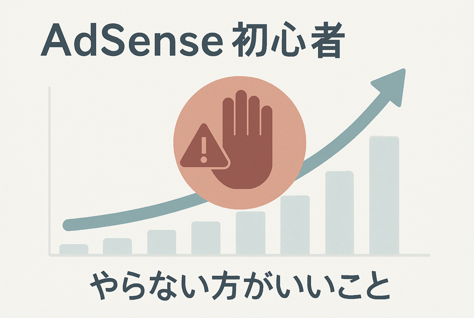 AdSense収益が伸び始めたグラフの前に、控えめな注意アイコン。初心者向けの警告を示す落ち着いたデザイン。