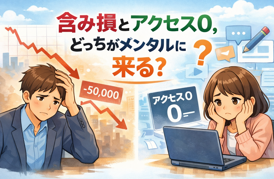 株の含み損とブログのアクセス0を比較し、どちらがメンタルに来るかを表現したイラスト