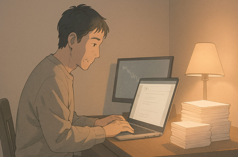 夜の静かなデスクで中年男性がブログを書いている。株価チャートが下落を示し、記事の紙束が穏やかに光っている。