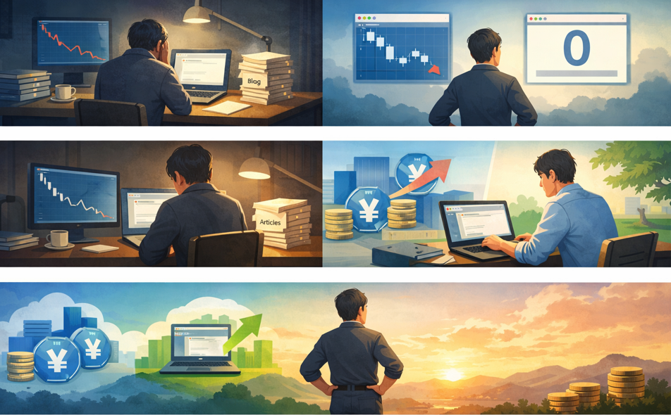 株価下落に悩みながらも、ブログ執筆を続けることで未来に希望を見出す個人投資家のイラスト