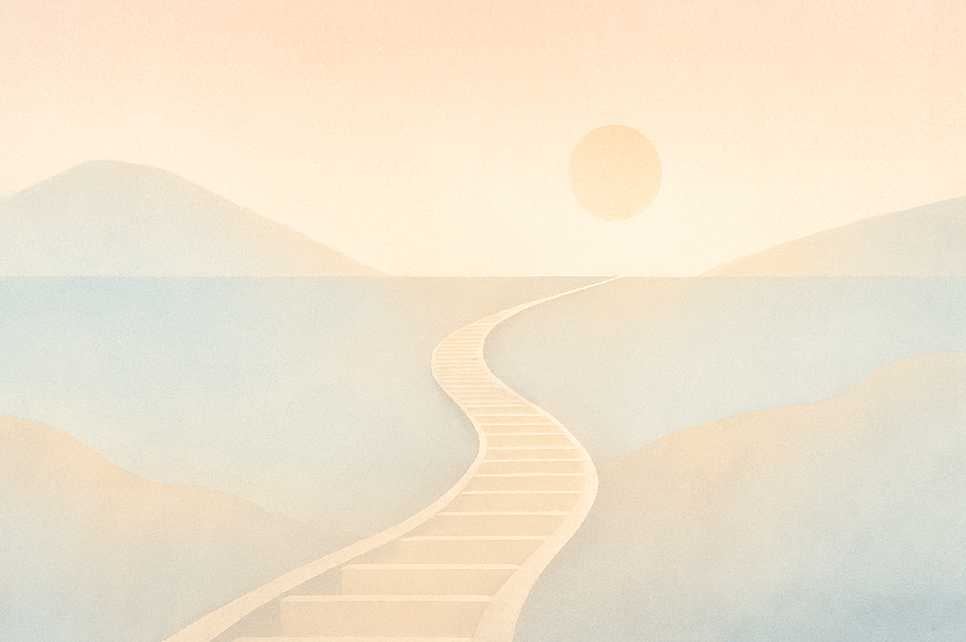 投資とブログの継続的な歩みを表す、静かで希望に満ちた抽象的な風景。