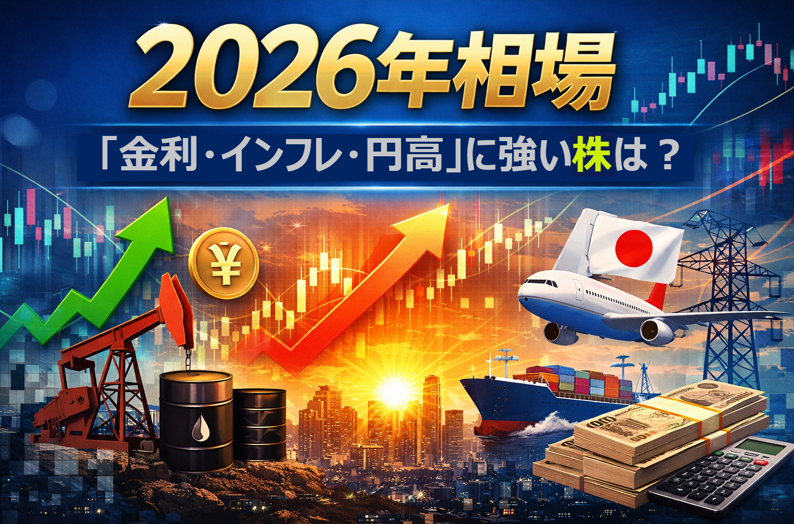 2026年の日本株相場で金利・インフレ・円高に強いセクターを示したイメージイラスト