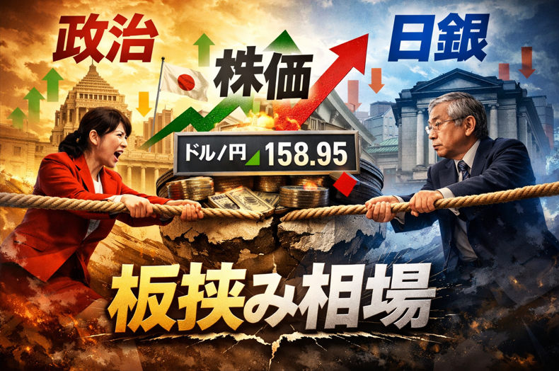 2026年1月の衆院解散観測と自民圧勝シナリオ、日銀の利上げ圧力により株式市場が板挟みになる構図を表したイメージ
