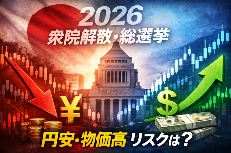 2026年衆院解散・総選挙と自民圧勝による円安・物価高リスクを示す株価チャートと国会議事堂のイメージ