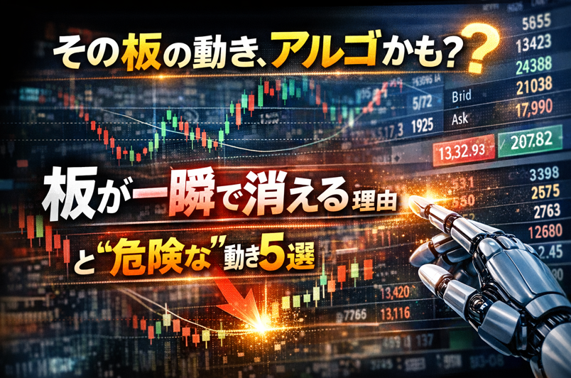 板が一瞬で消えるアルゴ取引の特徴と個人投資家が注意すべき危険な動きをイメージした画像