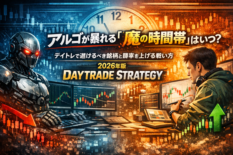 アルゴリズム取引が活発になる魔の時間帯を示すデイトレード解説用イメージ