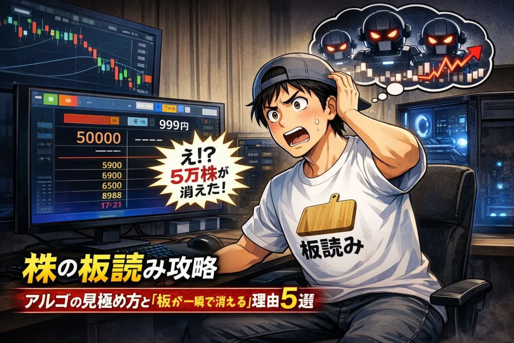 株の板読み中に5万株の注文が突然消えアルゴリズム取引を疑う個人投資家の漫画イラスト|アルゴの見極め方と板が消える理由