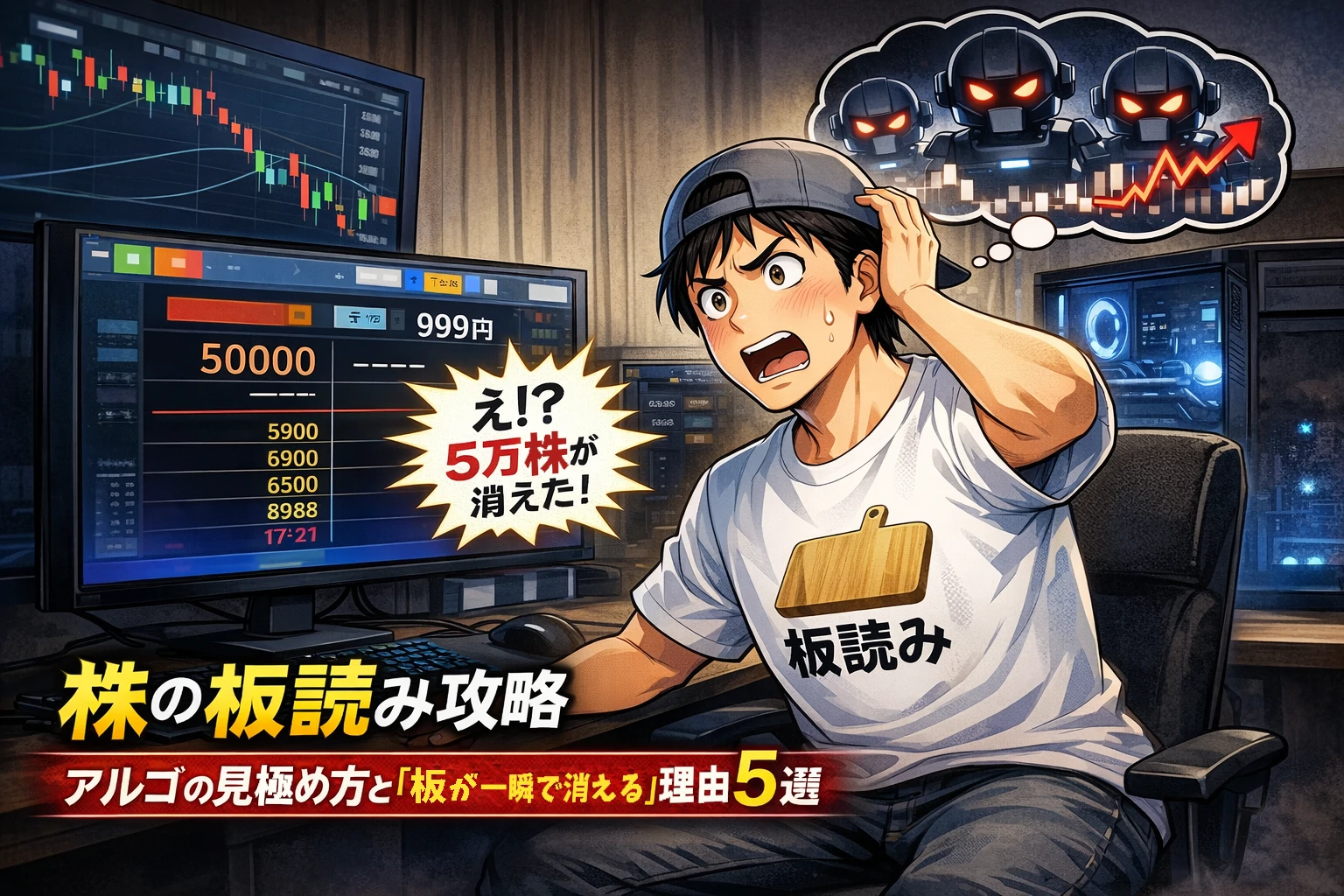 株の板読み中に5万株の注文が突然消えアルゴリズム取引を疑う個人投資家の漫画イラスト｜アルゴの見極め方と板が消える理由