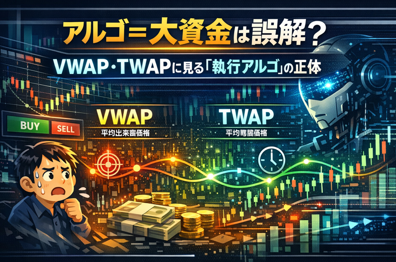 株取引のアルゴリズム取引を示すイラスト。個人投資家が戸惑う様子と、パソコン画面に表示された株価チャート、VWAP・TWAPの執行アルゴの概念が視覚化されている。