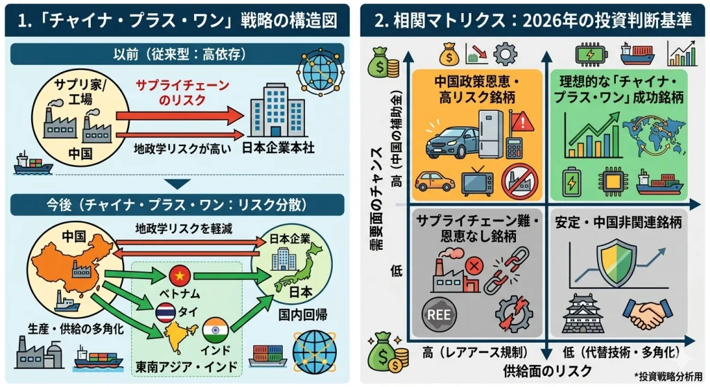2026年投資環境の図解。左側は、中国への過度な依存から東南アジアや日本国内への生産拠点分散を目指す『チャイナ・プラス・ワン』戦略の構造図。