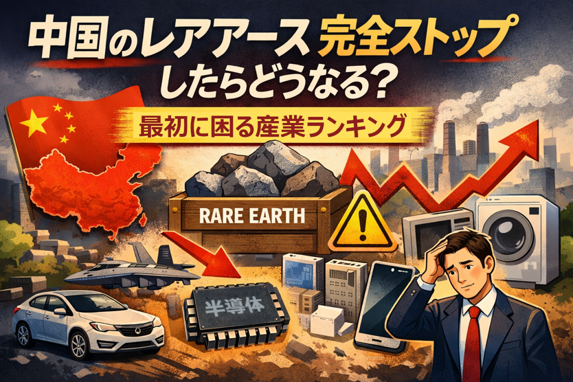 中国のレアアース輸出規制で、日本のモーター・半導体・EV・家電・防衛産業に影響が及ぶ様子をイラストで表現。