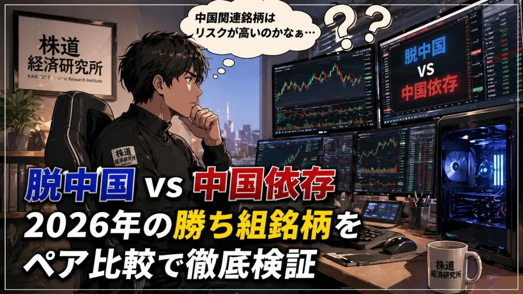 中国リスクを考える個人投資家がトレーディングルームで脱中国銘柄と中国依存株を比較している2026年の日本株分析イメージ