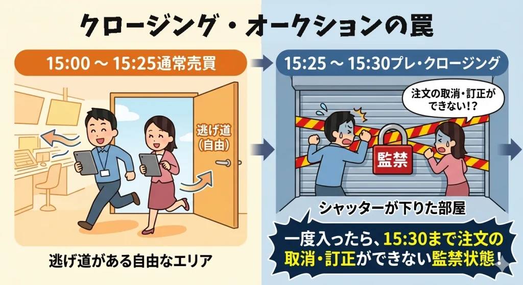 クロージング・オークションの解説図。注文の取消や訂正ができない監禁状態になることを示す比較イラスト。