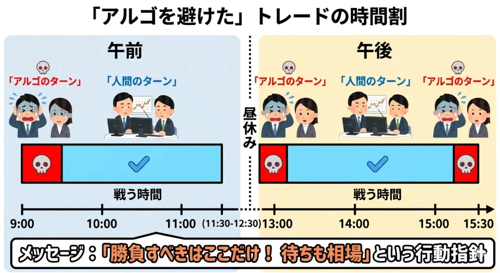 デイトレードの勝率を上げるためのタイムスケジュール図。アルゴリズムが暴れる危険な時間帯を赤色、人間同士の心理戦が成立する安全な時間帯を青色とチェックマークで示している。