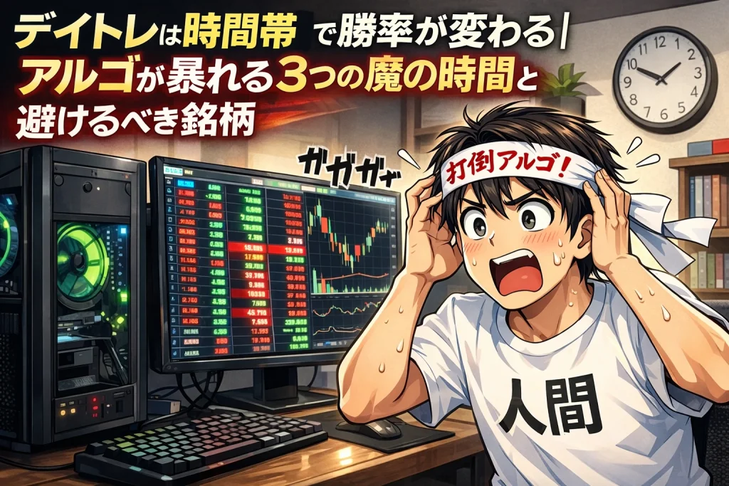 デイトレの魔の時間帯にアルゴ取引の高速な板変化を見て慌てる個人投資家の漫画イラスト