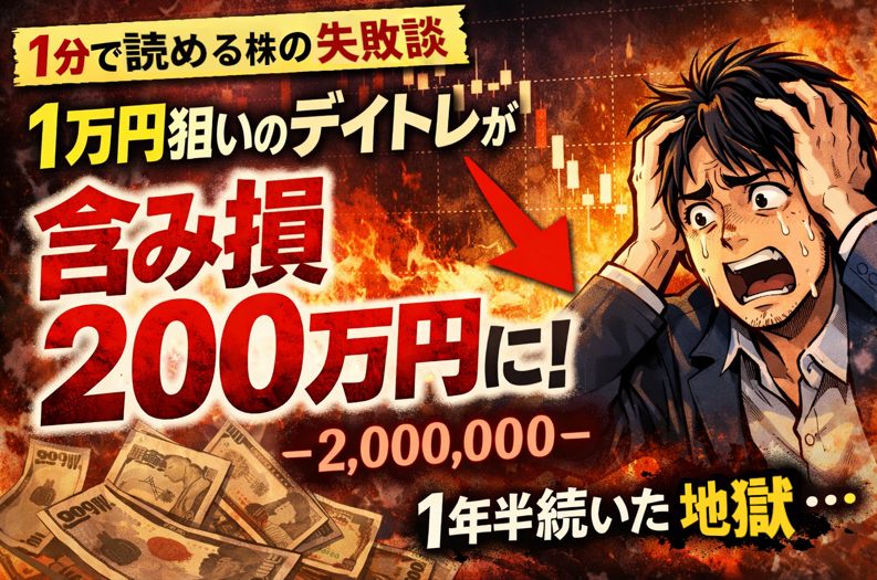 1万円狙いのデイトレで含み損200万円を抱え、株価チャートを前に固まる投資家のイラスト
