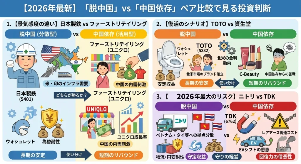 2026年投資環境における『脱中国（分散型）』と『中国依存（活用型）』の銘柄ペア比較図解。